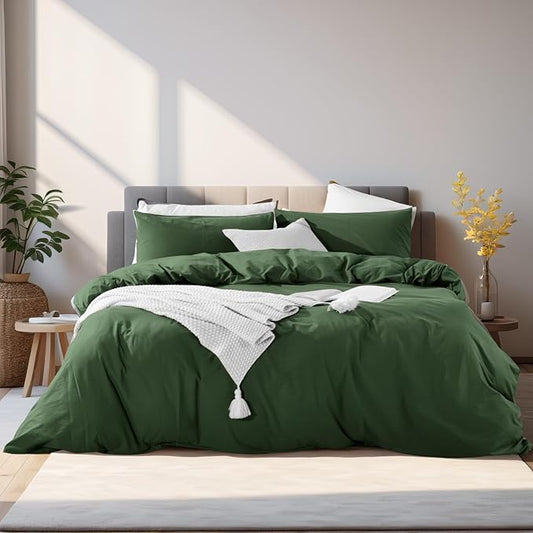 NEXHOME PRO Duvet Cover Set King Size Linen Feel Textured Organic Natural 100% Washed Cotton Duvet Cover 3 Pieces Bedding Set with Zipper Closure, Breathable, Forest Green (No Comforter)