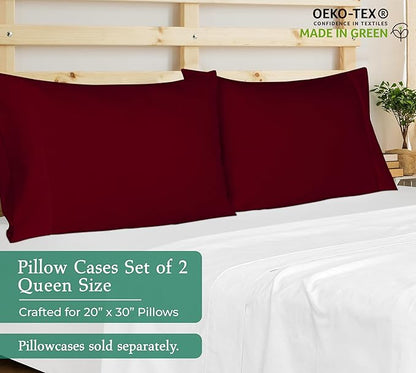 Royale Linens Queen Pillowcase Set of 2 - Bed Pillow Cover - 20" x 30" - Red Pillowcases - 1800 Brushed Microfiber, Wrinkle & Fade Resistant - Soft & Cozy- Queen Size Pillow Case (Burgundy)