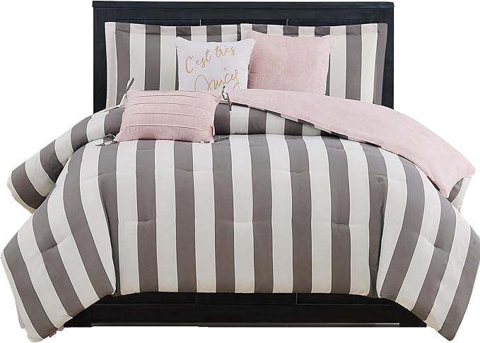 Juicy Couture JYZ012630 Cabana Stripe 6-Piece Reversible Set, Queen Grey/White