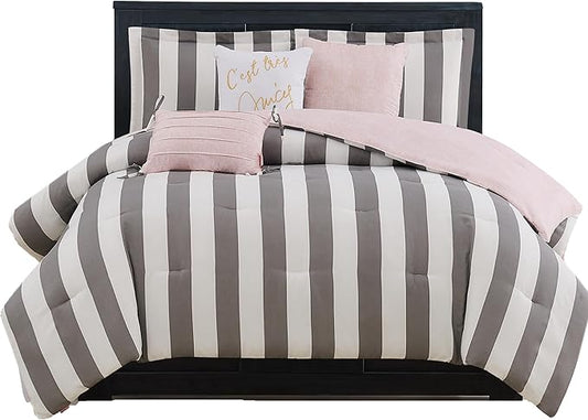 Juicy Couture JYZ012630 Cabana Stripe 6-Piece Reversible Set, Queen Grey/White