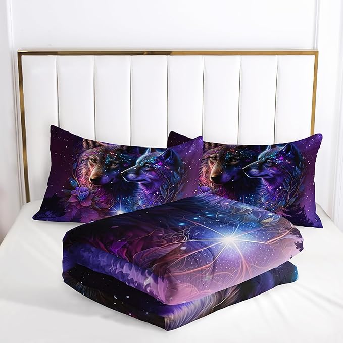 Wolf Bedding Set - Twin Size Comforter Set with Camping Theme and Animal Print Pattern