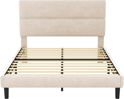 GRUSIGN Queen Size Platform Bed Frame with Velvet Headboard, Adjustable Height Wooden Slats Support, Upholstered Mattress Foundation, Fits Mattress or Mattress with Box Spring, Easy Assembly, Beige