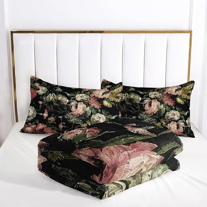 Boho Floral Comforter Set Queen Black Floral Bedding Sets 3PCS for Kids Teen Adult Flowers Leaves Room Decor Ultra-Soft Lightweight Microfiber 1 Comforter with 2 Pillowcases