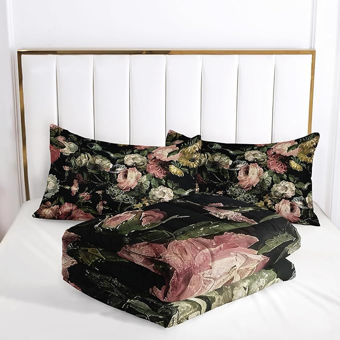 Boho Floral Comforter Set Full Black Floral Bedding Sets 3PCS for Kids Teen Adult Flowers Leaves Room Decor Ultra-Soft Lightweight Microfiber 1 Comforter with 2 Pillowcases