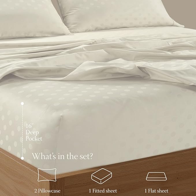 Threadmill 100% Cotton Sheets for King Size Bed | 4 Pc King Bed Sheets Set | Soft, Breathable Lightweight Damask Sateen for All-Season Use | Snug Fit Elastic Deep Pocket King Sheets | Ivory