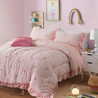 A Nice Night Rainbow Stripes & Bows Bedding Set,Ruffle 6 Piece Bed in a Bag Matching Sheet Set,Princess Style Chic Bow Printed,Light Pink Room Decor for Girls,Queen
