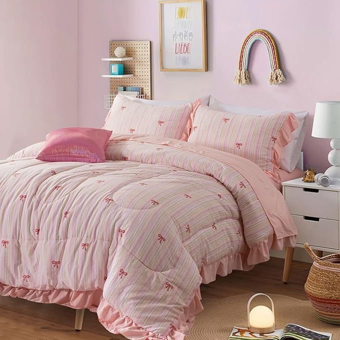 A Nice Night Rainbow Stripes & Bows Bedding Set,Ruffle 6 Piece Bed in a Bag Matching Sheet Set,Princess Style Chic Bow Printed,Light Pink Room Decor for Girls,Full