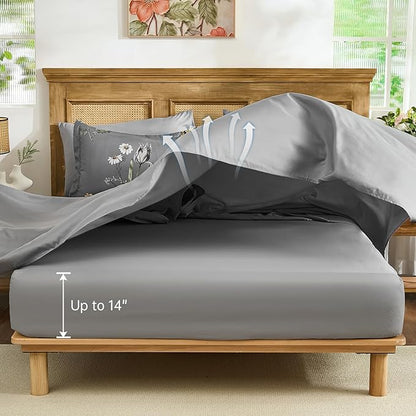 WONGS BEDDING Queen Comforter Set 7 Piece, Grey Floral Bed in a Bag Bedding Set with Botanical Flowers Patterns, Soft Lightweight Complete Comforters with Sheets for All Season