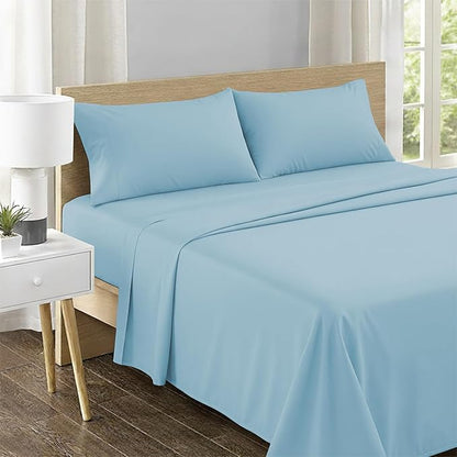 Feather & Stitch 500 TC Queen Size 4pc Damask Bed Sheet Set, 100% Soft Cotton Breathable Bedsheets, 18" Deep Pockets Sateen Weave Striped Bedding Mattress Resort Hotel Luxury Decor - (Feather Blue)
