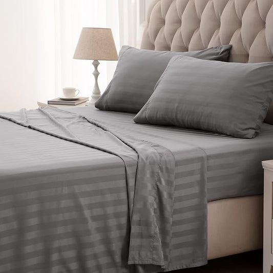 SLEEP ZONE Striped Cooling Queen Sheets Set - Fitted Flat Sheet & Pillowcase Sets 4 Piece - Super Soft Stripe Bed Sheet, Easy Care, Deep Pocket (Gull Grey, Queen)
