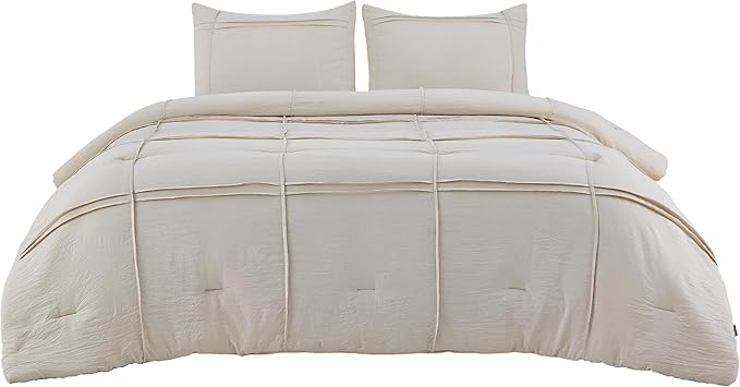 Bedsure Queen Comforter Set with Sheet - 4 Pieces Soft Beige Bedding, Grid Pinch Pleat, All Season Lightweight Fluffy Bed Set with Solid Boho Comforter, Pillowcases & Sheet