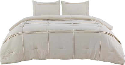 Bedsure Queen Comforter Set with Sheet - 4 Pieces Soft Beige Bedding, Grid Pinch Pleat, All Season Lightweight Fluffy Bed Set with Solid Boho Comforter, Pillowcases & Sheet