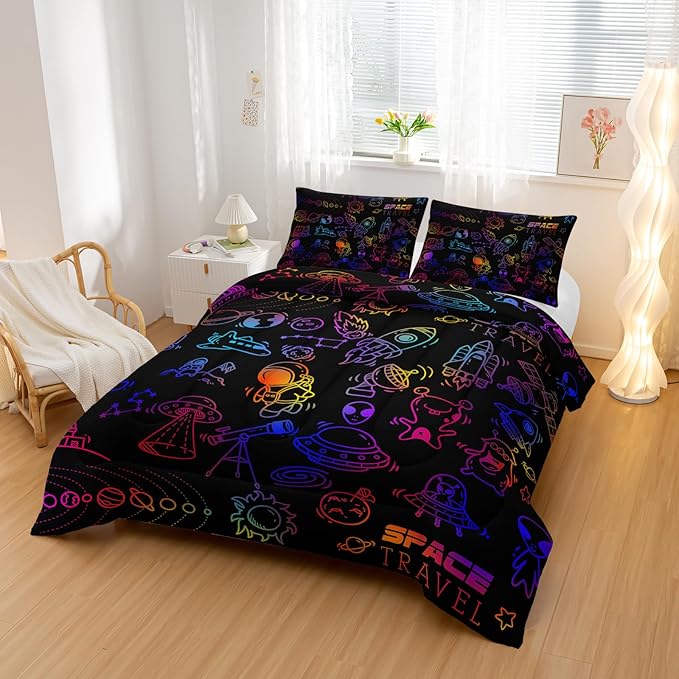 Cartoon Space Comforter Set for Kids Boys Girls,3 Pieces Outer Space Bedding King Size,Rocket Planet Spaceship Travel Toddler Bedding Set for Teen Boy Room Decor with 1 Comforter 2 Pillowcase