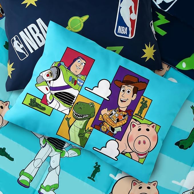 Northwest Disney Toy Story Full Size Comforter Set, 5 Piece Reversible Buzz Lightyear & Woody Design Ultra Soft Fade Resistant Microfiber Kids Bedding Set, Officially Licensed