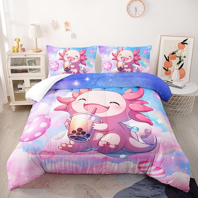 Cute Salamander Comforter Set Full Kawaii Axolotl Bedding Sets 3PCS for Kids Teen Adult Girl Room Decor Ultra-Soft Lightweight Microfiber 1 Comforter with 2 Pillowcases