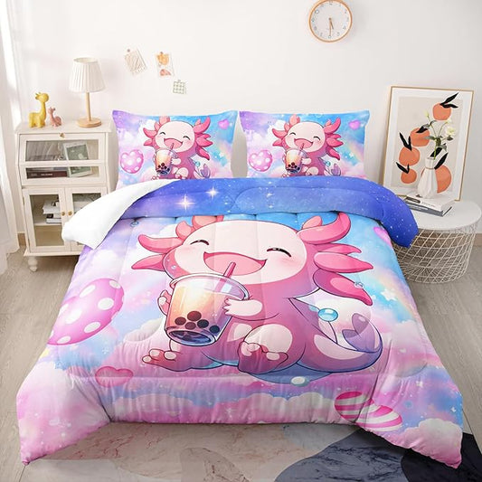 Cute Salamander Comforter Set Full Kawaii Axolotl Bedding Sets 3PCS for Kids Teen Adult Girl Room Decor Ultra-Soft Lightweight Microfiber 1 Comforter with 2 Pillowcases
