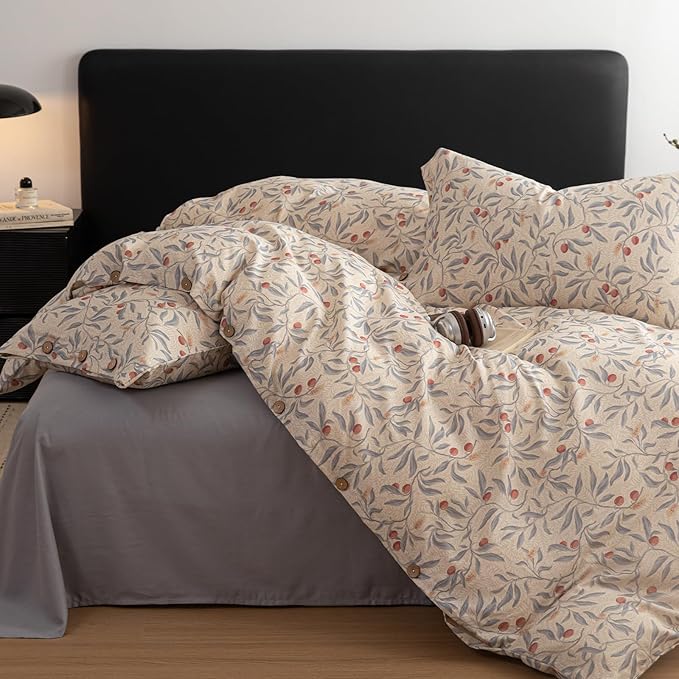 mixinni Cotton Linen Floral Duvet Cover Set, Vintage Botanical Print Comforter Cover with Wooden Buttons,Soft Breathable Blue Red Floral Boho Farmhouse Bedding Set for All Season-Queen Size