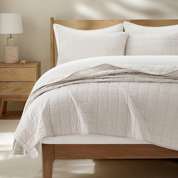 EVERGRACEHOME 100% Cotton Box Stitch Quilt Bedding Set Queen Size 3 Pieces, Garment-Washed Lightweight Soft Cozy Coverlet, Quilted Bedspread Sets with 2 Shams for All Season, Birch