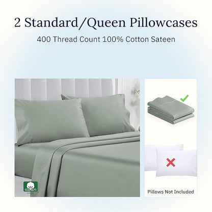 California Design Den Standard Queen Size Pillowcase Set - 400 Thread Count, 100% Cotton Sateen, Set of 2 Pillow Covers, Soft and Breathable - Sage Green