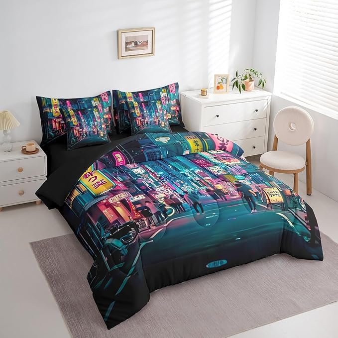 Feelyou Japanese Art Comforter Set 7 Pieces Queen Size Tokyo Anime Bedding Set for Boys Girls Japan Night City Bed in a Bag with Comforter, Sheets, Pillowcases & Cushion Covers