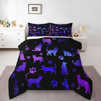 Erosebridal Cat Comforter Set Queen Lovers Bedding Cats Cartoon Silhouette Purple Blue Reversible Black Ombre Down Neon Pets Animal Paw Print Galaxy Slitter Stars Quilt For Kids Boys Girls,Multi 361