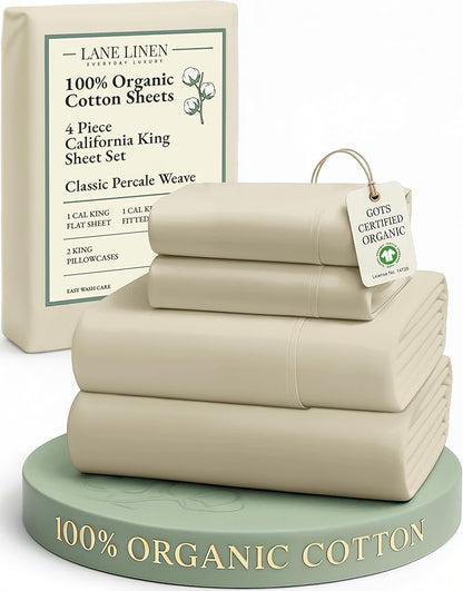 LANE LINEN 100% Organic Cotton Fully Elasticized California King Sheet Set, Low Pilling Fade Resistant Machine Washable Naturally Cooling Cal King Bedding Set, Soft & Comfy Cotton Sheets – Linen