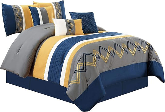Chezmoi Collection Arden 7-Piece Modern Pleated Stripe Embroidered Zigzag Bedding Comforter Set (Full, Navy/Gray/Yellow/White)