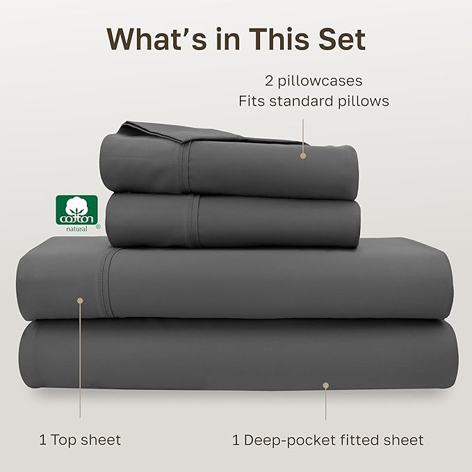 California Design Den Natural 100% Cotton Sheets, Full Size Sheets Set, 400 Thread Count Sateen Bedding, Deep Pockets with All-Around Elastic for a Snug Fit, Durable Bed Set - Grey