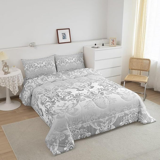 Feelyou Adults Silver Vintage Damask Floral Comforter Set Oriental Antique Comforter King Size Gothic Bohemia Boho Flower Bedding Set Gothic Skull Duvet Set Quilt Set 3Pcs