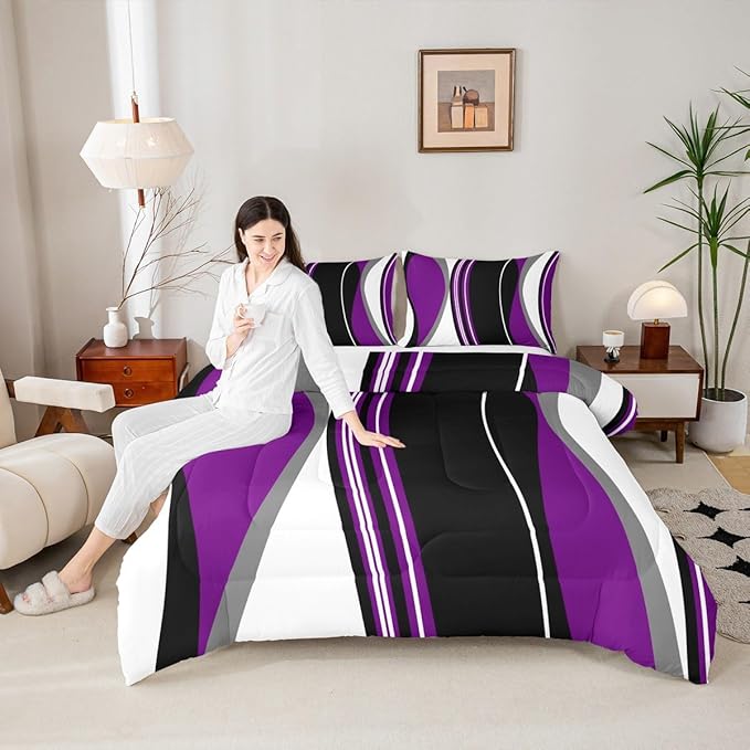 Erosebridal Purple Black Abstract King Bedding Set Grey Modern Striped Comforter Set for Adult Women Men Geometric Stripes Lines Bed Collections Contemporary Art Boho Duvet Quilt Sets for Minimalist