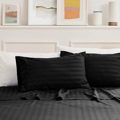 SLEEP ZONE Striped Cooling Queen Sheets Set - Fitted Flat Sheet & Pillowcase Sets 4 Piece - Super Soft Stripe Bed Sheet, Easy Care, Deep Pocket (Black, Queen)