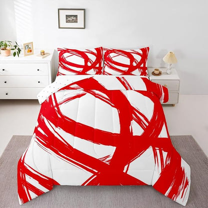 Erosebridal Red and White Abstarct Queen Comforter Set for Adult Women Men, Geometric Striped Bedding Set for Minimalists,Graffiti Aesthetic Lines Quilt,Contemporary Boho Modern Art Duvet Insert