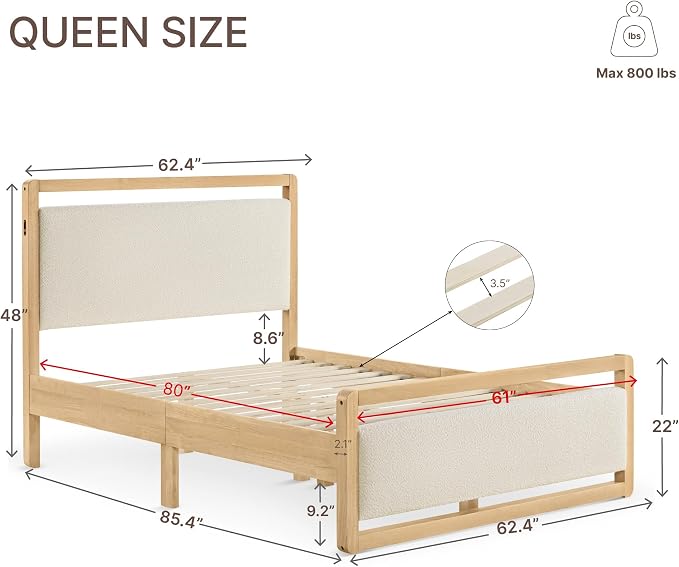 KISLOT Wood Bed Frame, with USB Headboard & Footboard, Oat, Queen | Mattress Foundation, Strong Wooden Slat Support, Noise-Free, No Box Spring Needed, Easy Assembly
