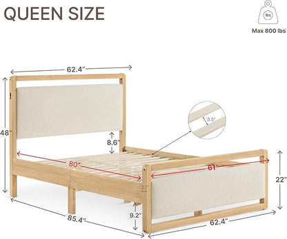 KISLOT Wood Bed Frame, with USB Headboard & Footboard, Oat, Queen | Mattress Foundation, Strong Wooden Slat Support, Noise-Free, No Box Spring Needed, Easy Assembly