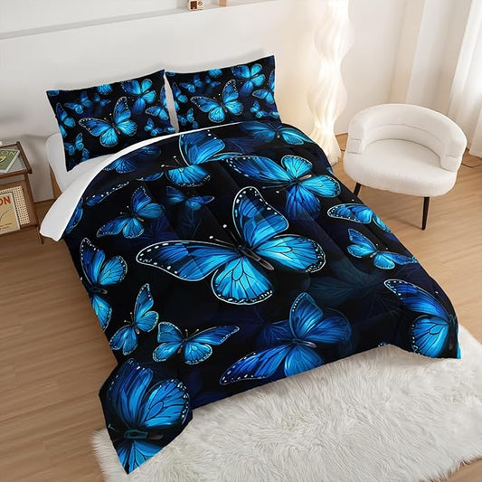 Dream Blue Butterfly Comforter Set Queen Size,Boho Bedding Comforter Sets for Kids Boys Girls Bedroom Decor Aesthetic,Animal Themed Bedding Soft Fluffy Comforter Sets with 2 Pillowcases.