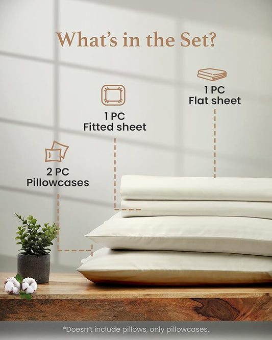 Good Sleep Bedding Cotton Sheets: 100% Long Staple Egyptian Cotton Queen Size BedSheets, 4 Piece Cotton Ivory Sheet Set, Fits Mattress Upto 16 Inches Deep Pocket - 4 Pc Sheet Set
