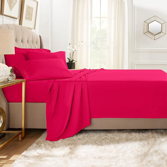 Clara Clark Full Sheets, 6 Piece Set - Hotel Luxury Bed Sheets, Super Soft Bedding Set, Full Size, Hot Pink