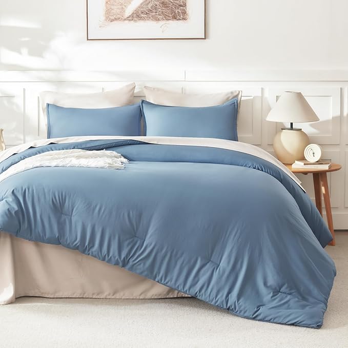 Litanika Comforters Grayish Blue Oversized Queen Size, 3 Pieces Lightweight Solid Bedding Comforter Set, All Season Fluffy Bed Set (98x98In Comforter & 2 Pillowcases)
