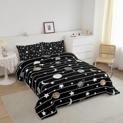 Cartoon Planet Comforter Set for Kids,Starry Galaxy Bedding Sets Teens Cute Room Decor,Moon Night Black White Lines Duvet Set Quilt Set Twin 1 Comforter with 1 Pillow Case