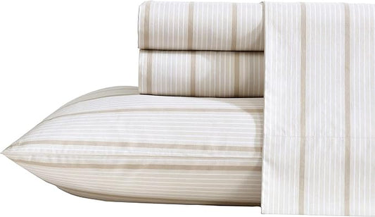 Nautica - Twin XL Sheets, Premium Cotton Percale Bedding Set, Striped Home Decor, Oeko-Tex Certified (Merrick Stripe Beige, Twin XL)