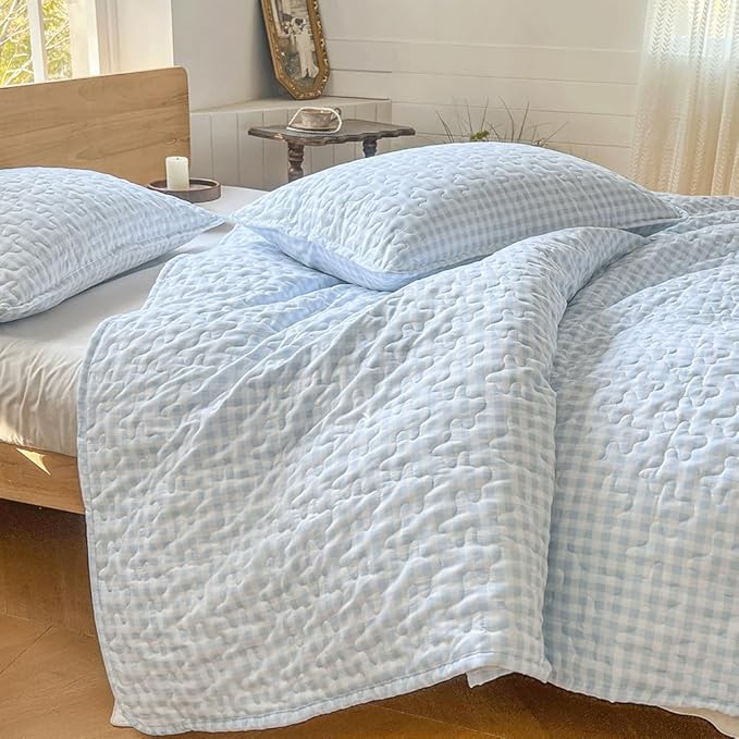 NSNLGSGC Light Blue Gingham King Quilt Set, Soft Pre-Washed Microfiber Blue Plaid King Bedspread, Lightweight Checked Summer Quilt, Grid Bedding Coverlets for All Seasons