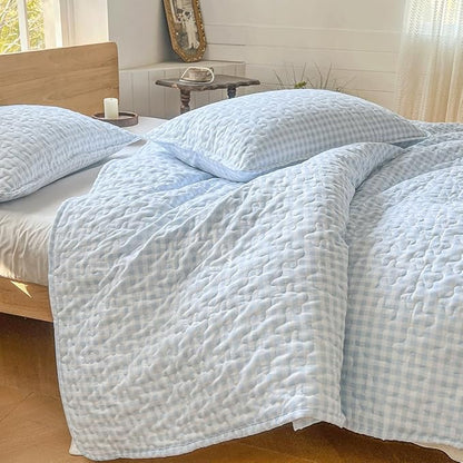 NSNLGSGC Light Blue Gingham King Quilt Set, Soft Pre-Washed Microfiber Blue Plaid King Bedspread, Lightweight Checked Summer Quilt, Grid Bedding Coverlets for All Seasons