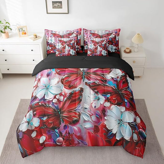 Erosebridal Girls Red Butterfly Full Comforter Set 7 Piece White Flowers Oil Painting Boho Bedding Set Retro Hippie Floral Butterfly Bed in A Bag for Kids Women,Aesthetics Bohemian Sheet Set