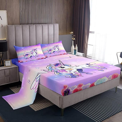 Kids Girls Unicorn Bed Sheets Set Pink Purple Rainbow Fitted Sheet Cartoon Unicorn Bedding Set for Bedroom Decor Rose Flowers Sheet (King Flat Sheet & Fitted Sheet with 2 Pillow Case)