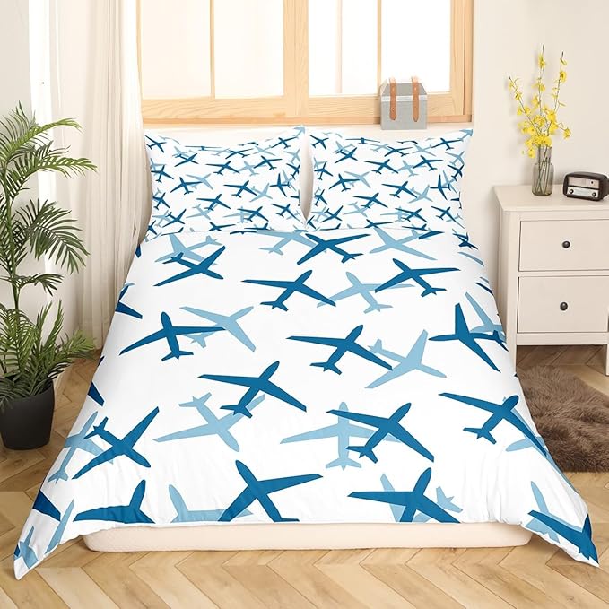 Castle Fairy Kids Aircraft Bedding Set Cartoon Transportation Vehicles Duvet Cover Set Boys Airplane Comforter Cover Blue White Bedspread Cover Bedroom Quilt Cover Full with 2 Pillowcase,No Comforter