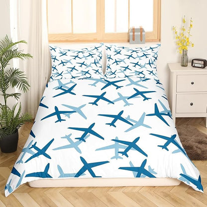 Castle Fairy Kids Aircraft Bedding Set Cartoon Transportation Vehicles Duvet Cover Boys Airplane Comforter Cover Blue White Bedroom Quilt Cover Queen with 2 Pillowcase,No Comforter
