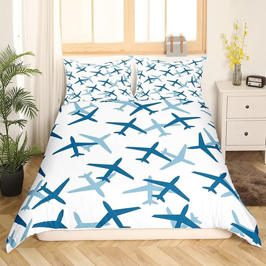 Castle Fairy Kids Aircraft Bedding Set Cartoon Transportation Vehicles Duvet Cover Boys Airplane Comforter Cover Blue White Bedroom Quilt Cover Queen with 2 Pillowcase,No Comforter