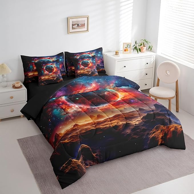 Erosebridal Planet 7 Piece Comforter Set Full Bed in a Bag,Sun Moon Galaxy Bedding Sets Universe Nebula Outer Space Sheet Set with Comforter