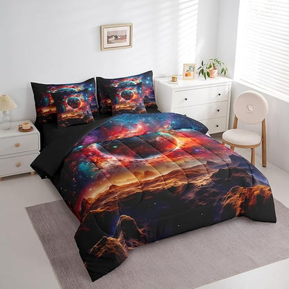 Erosebridal Planet 7 Piece Comforter Set Full Bed in a Bag,Sun Moon Galaxy Bedding Sets Universe Nebula Outer Space Sheet Set with Comforter