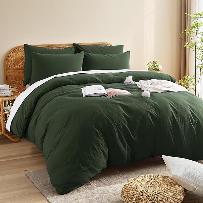NEXHOME PRO King Duvet Cover Set – 100% Certified Organic Cotton with Washed Feel & Linen-Like Texture, Comfortable & Breathable, Home Bedding Set Olive Green (No Comforter)